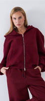 Kadın Oversize Zip Hoodie Bordo – Fermuarlı, Kapüşonlu, Kangru Cep,  3 İplik Şardonlu Polar