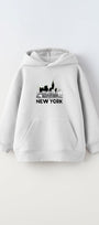 Kapüşonlu İçi Polar New York Yazı Baskılı Beyaz Unisex Çocuk Hoodie Sweatshirt