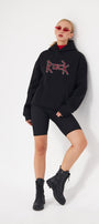 Kapüşonlu İçi Polar Rock Yazılı Taş Baskılı Siyah Oversize Hoodie Sweatshirt