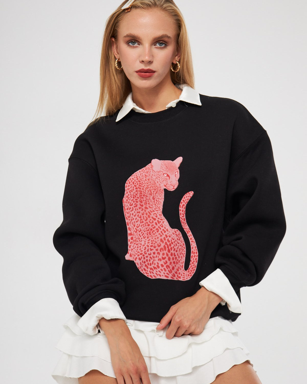 Bisiklet Yaka İçi Polar Leopar Baskılı Siyah Oversize Sweatshirt