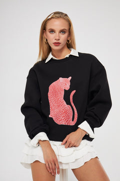 Kadın Bisiklet Yaka İçi Polar Leopar Baskılı Siyah Oversize Sweatshirt