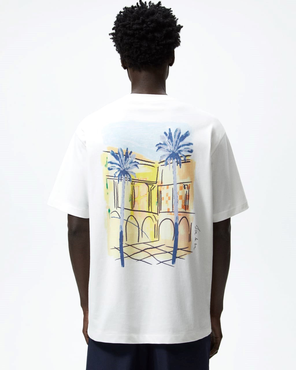 Bisiklet Yaka Palmiye Baskılı Oversize Beyaz Erkek T-shirt