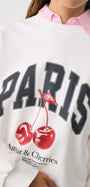 Bisiklet Yaka İçi Polar Paris Yazılı Kiraz Baskılı Beyaz Oversize Sweatshirt
