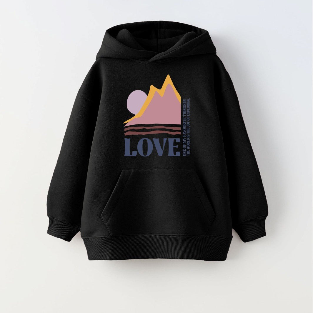 Kapüşonlu İçi Polar Love Yazı Baskılı Siyah Unisex Çocuk Hoodie Sweatshirt