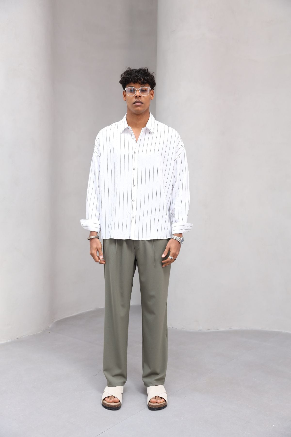 Çizgili Naturel Renk Oversize Erkek Gömlek