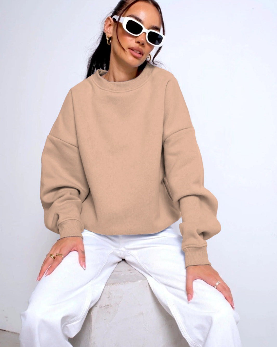 Bisiklet Yaka İçi Polar Bej Unisex Oversize Sweatshirt