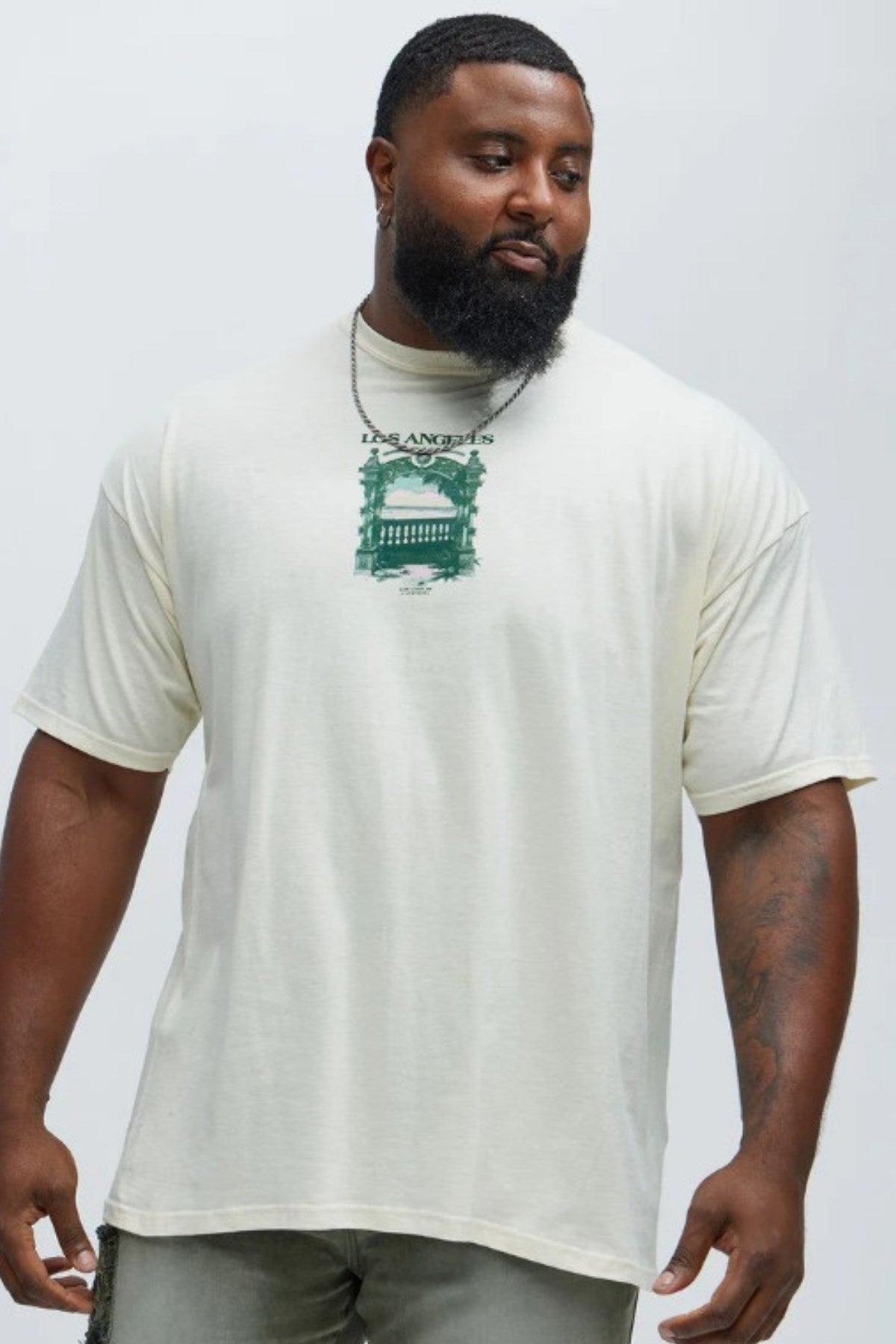 Büyük Beden Erkek Tişört %100 Pamuk Los Angeles Baskılı Beyaz Oversize Yazlık