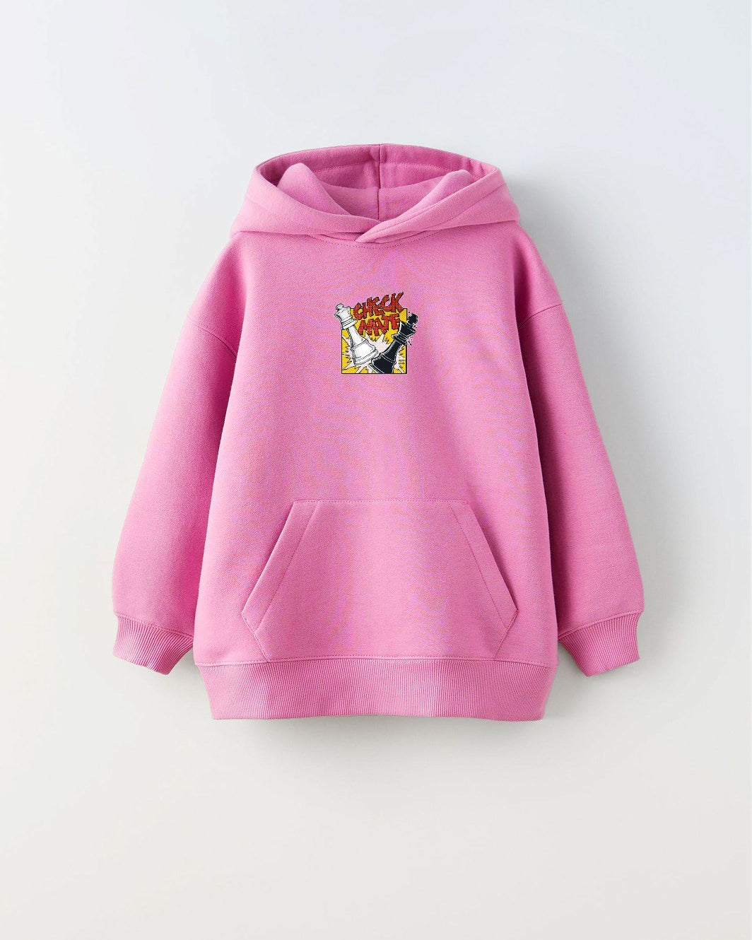 Kapüşonlu İçi Polar Satranç Cartoon Baskılı Pembe Unisex Çocuk Hoodie Sweatshirt