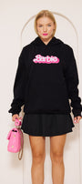 Kapüşonlu İçi Polar Barbie Baskılı Siyah Unisex Hoodie Sweatshirt