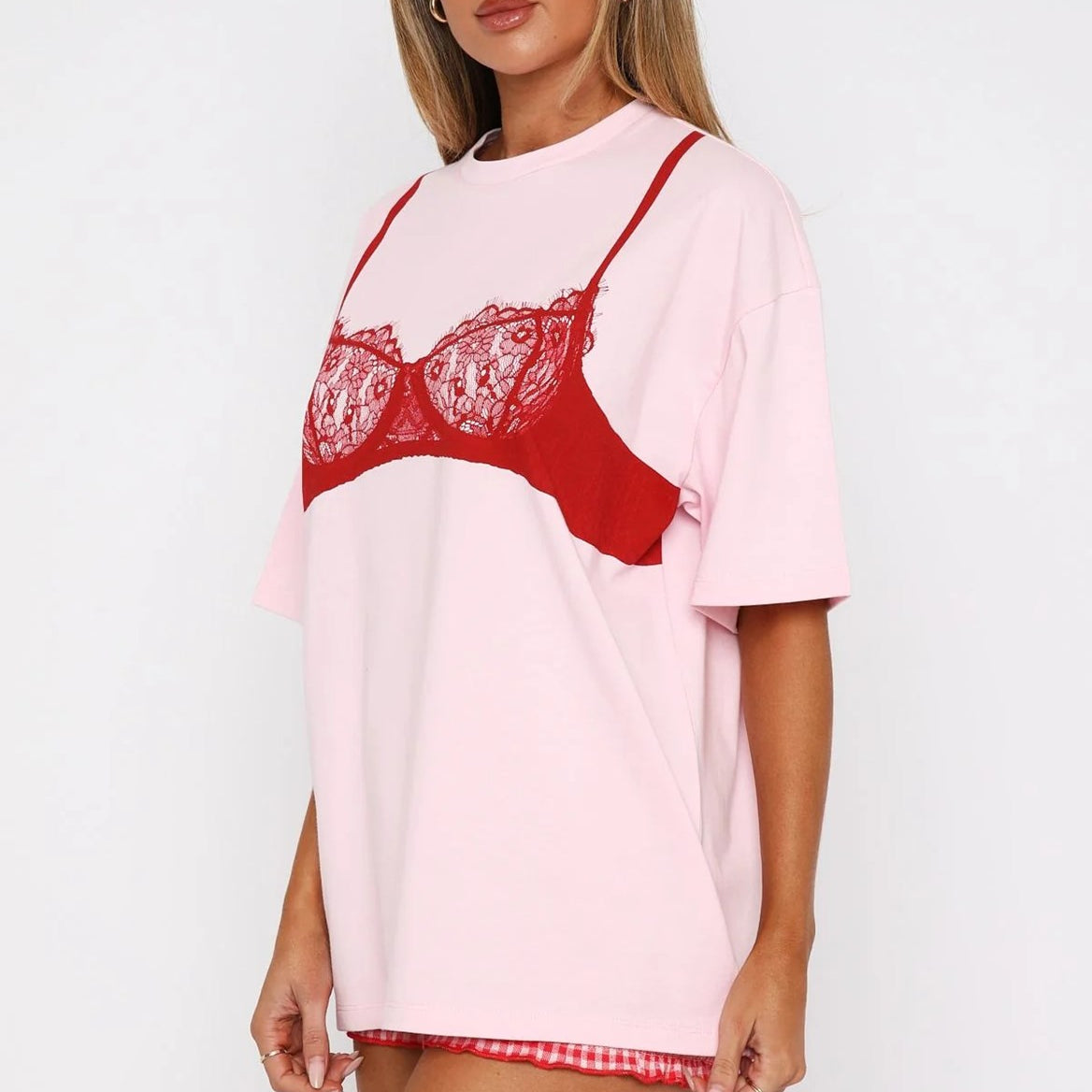 Dantel Bralet Baskılı Pembe Oversize %100 Pamuk Kadın T-shirt