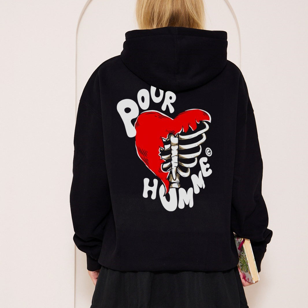 Kapüşonlu İçi Polar Kalp İskelet Baskılı Siyah Unisex Hoodie Sweatshirt