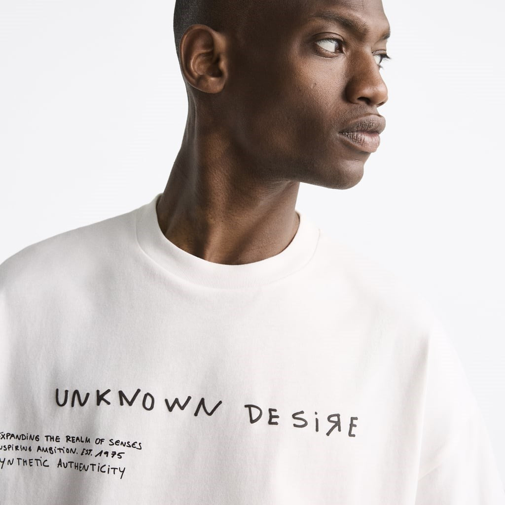 Bisiklet Yaka Unknown Desire Baskılı Oversize Beyaz Erkek T-shirt