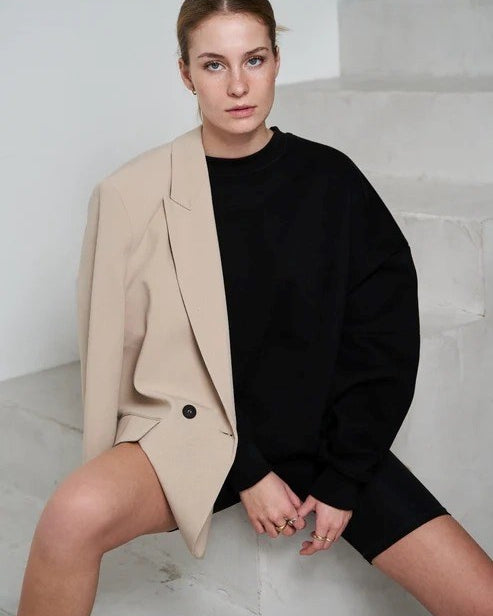 Bisiklet Yaka İçi Polar Siyah Unisex Oversize Sweatshirt