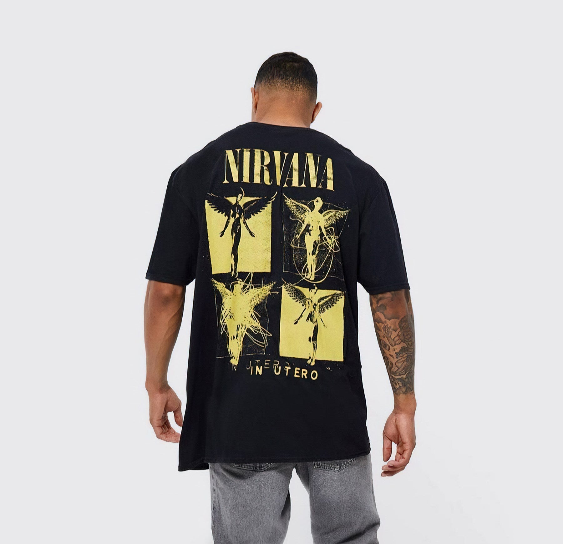 Bisiklet Yaka Nirvana Baskılı Siyah Oversize Erkek T-shirt