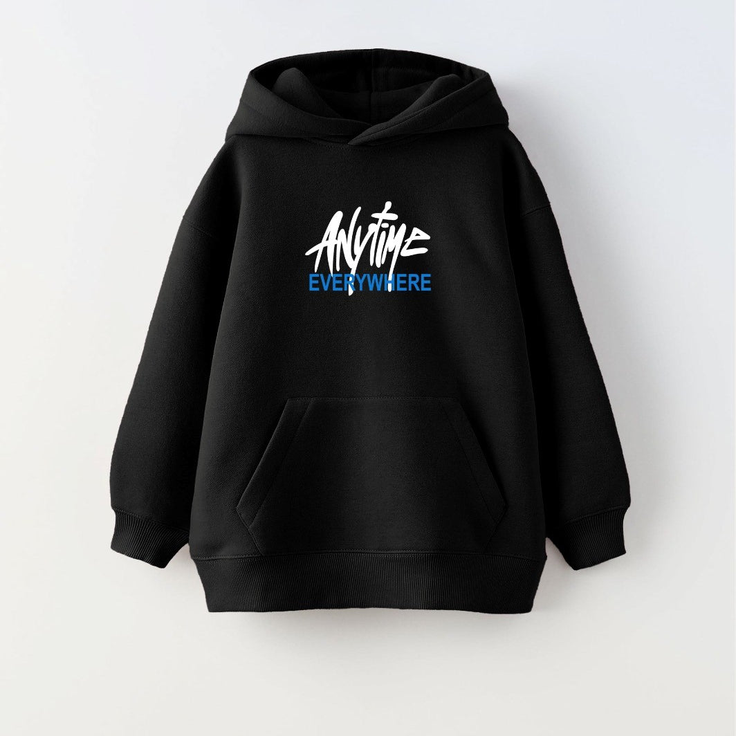 Kapüşonlu İçi Polar Any Time Every Where Yazı Baskılı Siyah Unisex Hoodie Çocuk Sweatshirt