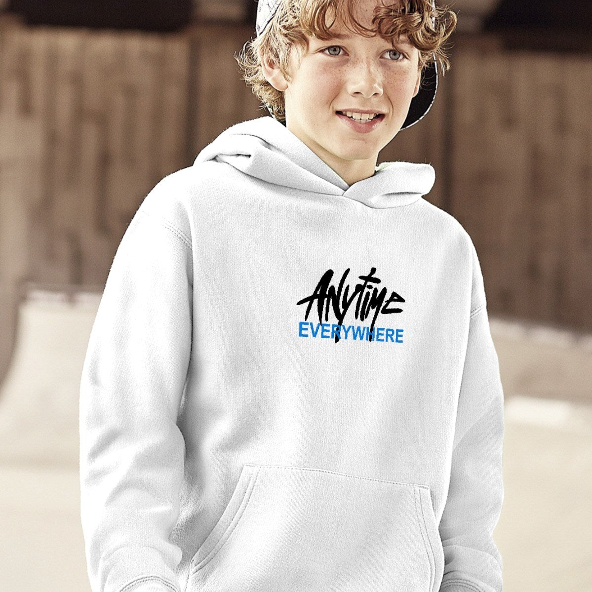 Kapüşonlu İçi Polar Any Time Every Where Baskılı Beyaz Unisex Hoodie Çocuk Sweatshirt