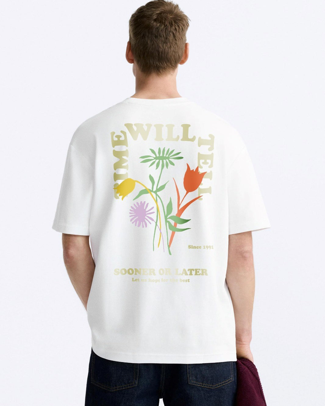 Sooner Or Later Yazılı Lale Tasarım Baskılı Oversize Beyaz Erkek T-shirt