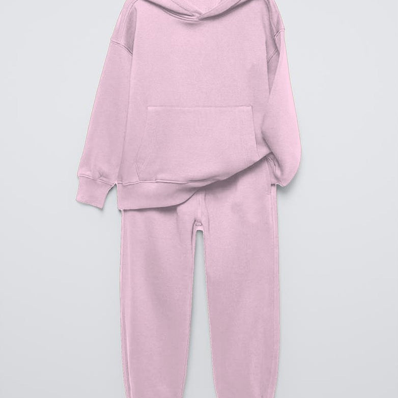 Pembe Basic Kapüşonlu Kanguru Cepli Bel Ve Paça Lastikli Çocuk Oversize Eşofman Takımı