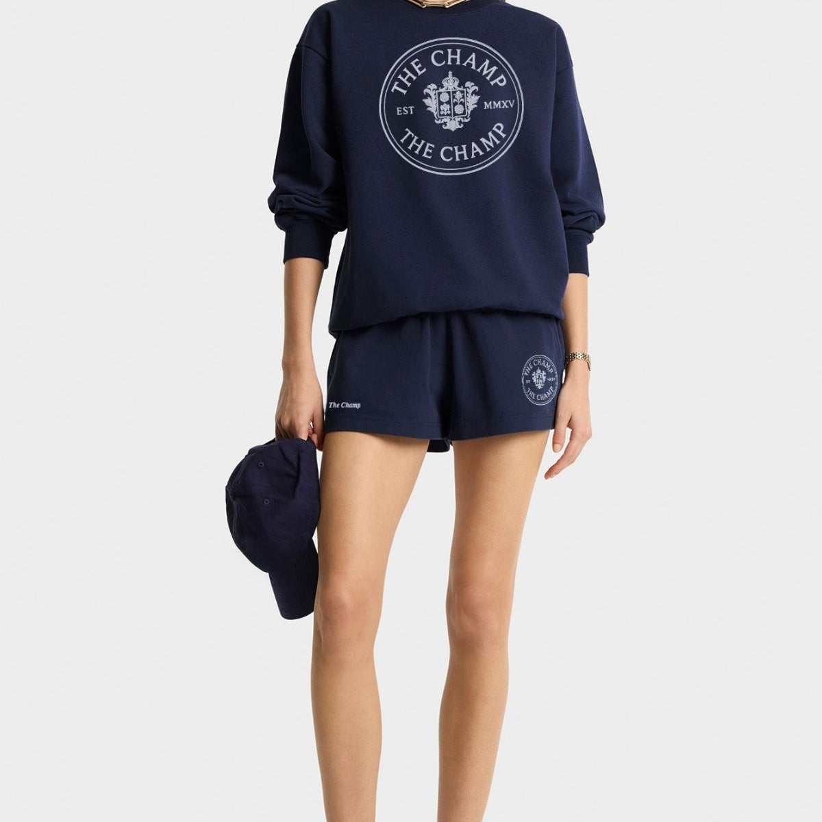 Kadın Lacivert The Champ Armalı İkili Takım Sweatshirt ve Cepli Şort Casual Spor Kombin