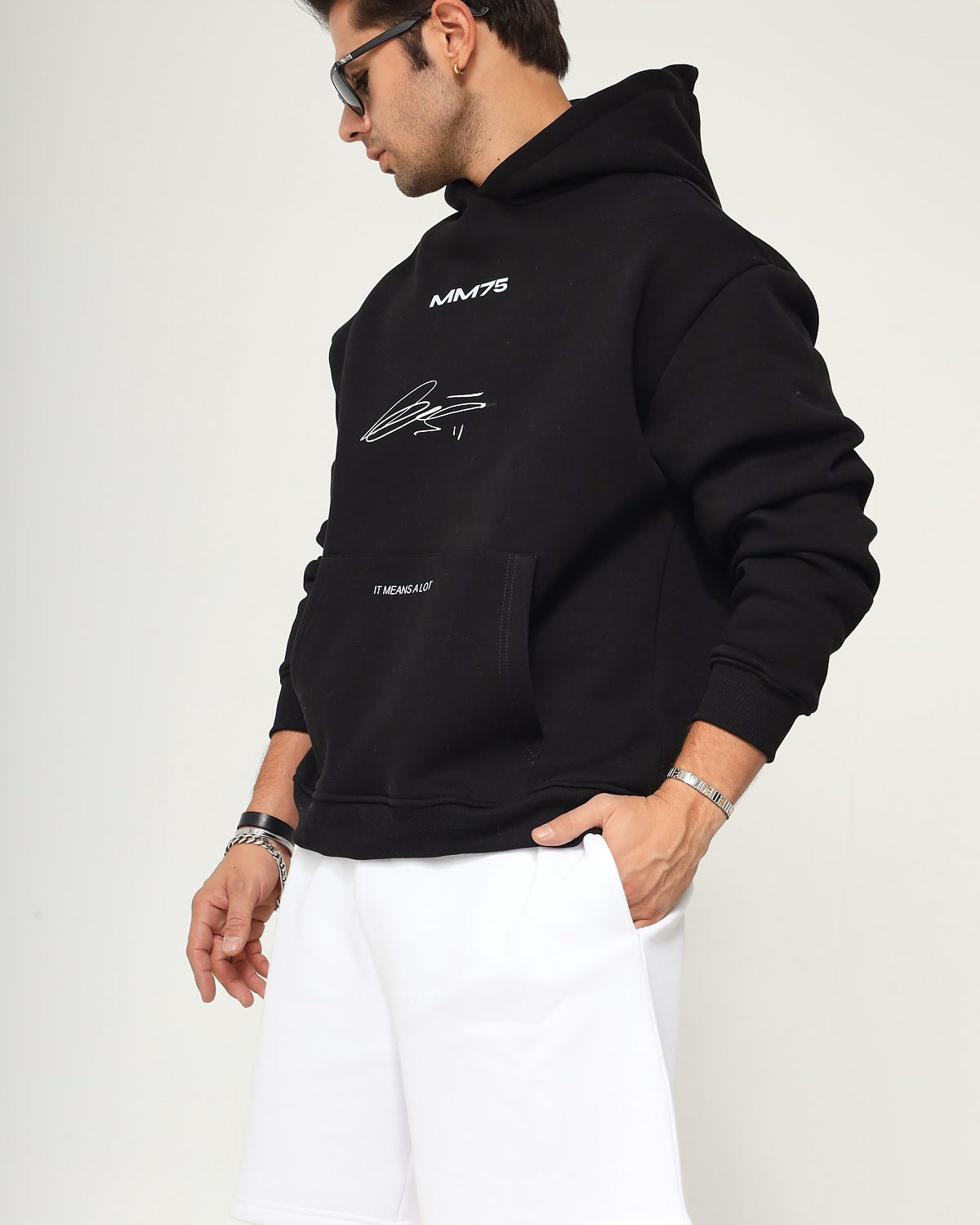 Kapüşonlu İçi Polar MM75 Baskılı Siyah Oversize Hoodie Sweatshirt
