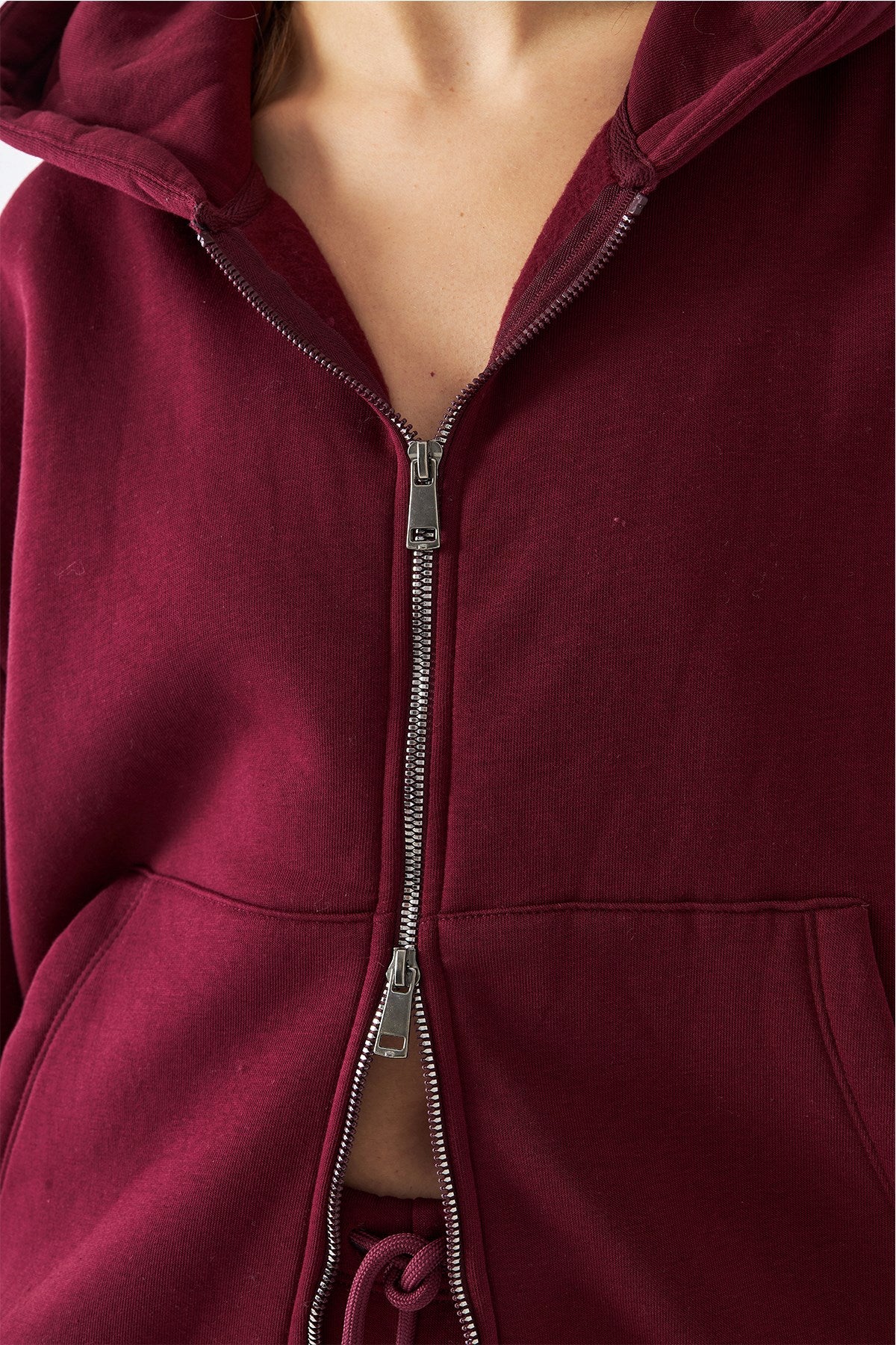 Kadın Oversize Eşofman Takımı Zip Bordo – Fermuarlı, Kapüşonlu, Bol Paça,  3 İplik Şardonlu Polar
