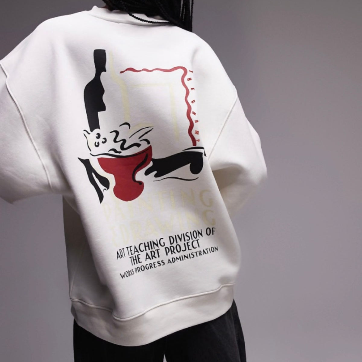 Unisex Beyaz Bisiklet Yaka Sweatshirt – Art Project Sanatsal Baskılı 3 İplik Şardonlu Oversize