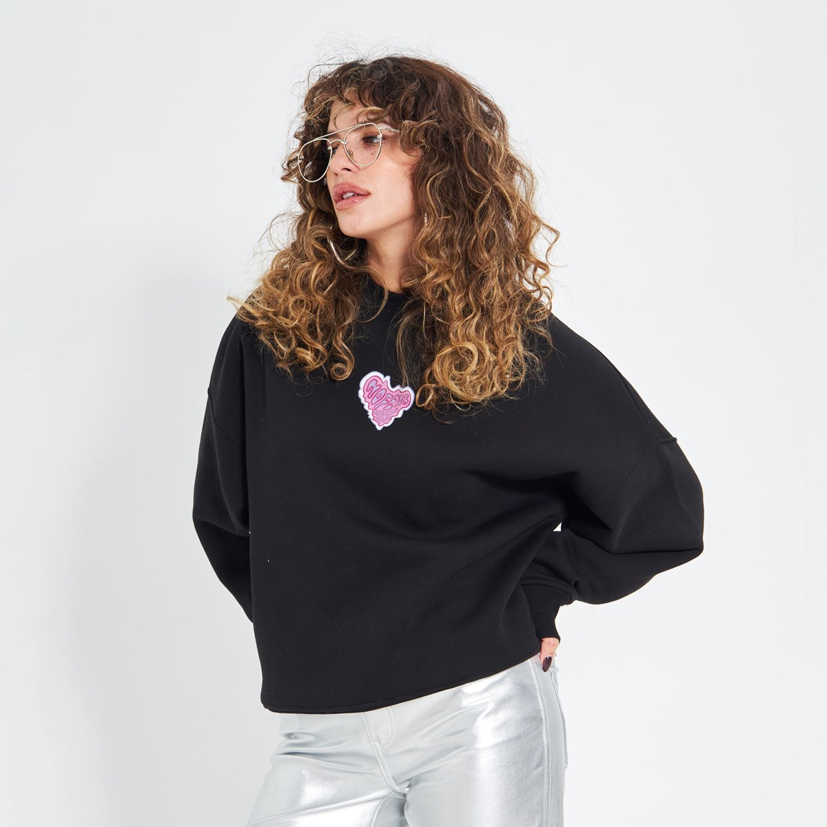 Siyah Bisiklet Yaka Kadın No Fear Ön ve Baskılı Oversize Sweatshirt