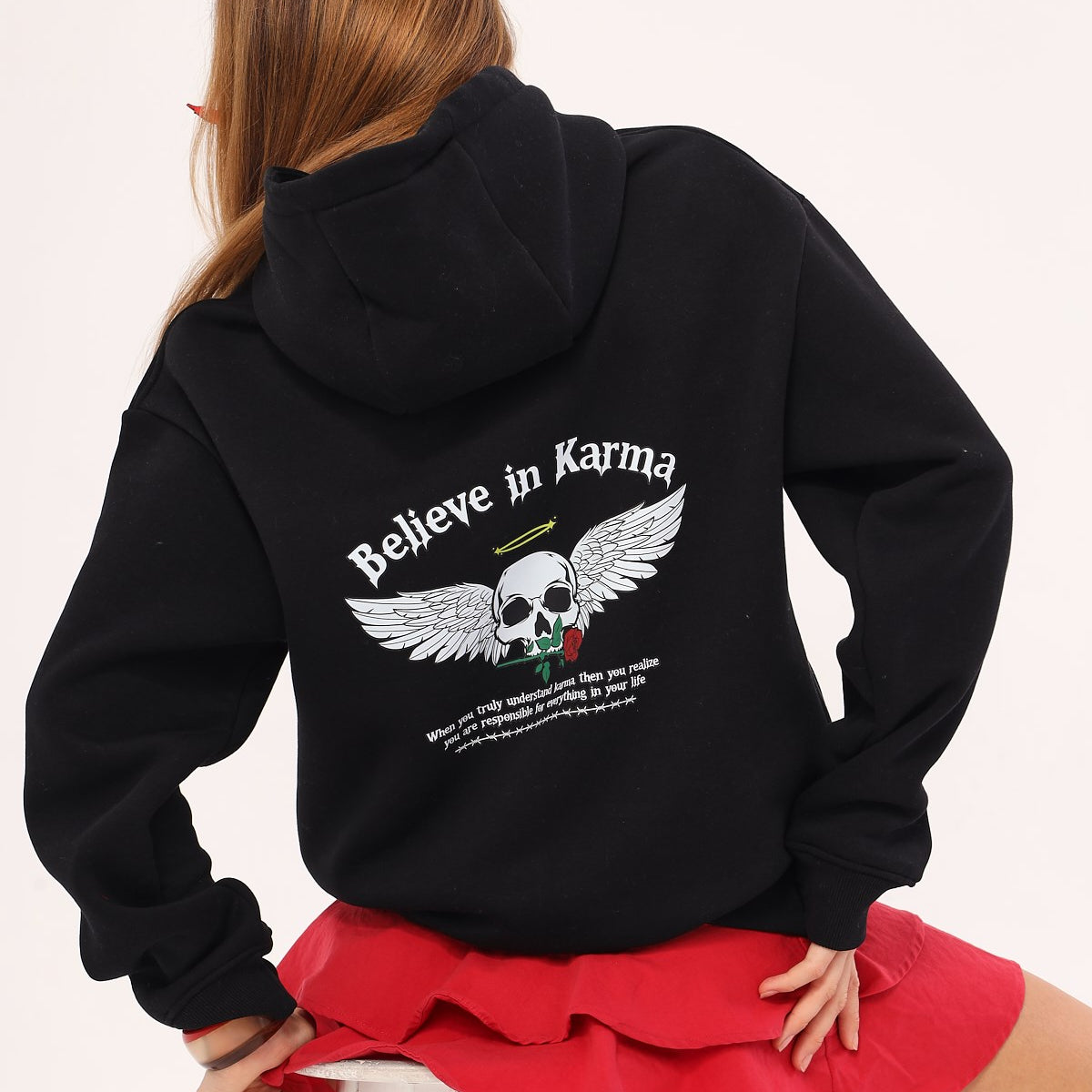 Kapüşonlu İçi Polar Believe İn Karma Baskılı Siyah Unisex Hoodie Sweatshirt