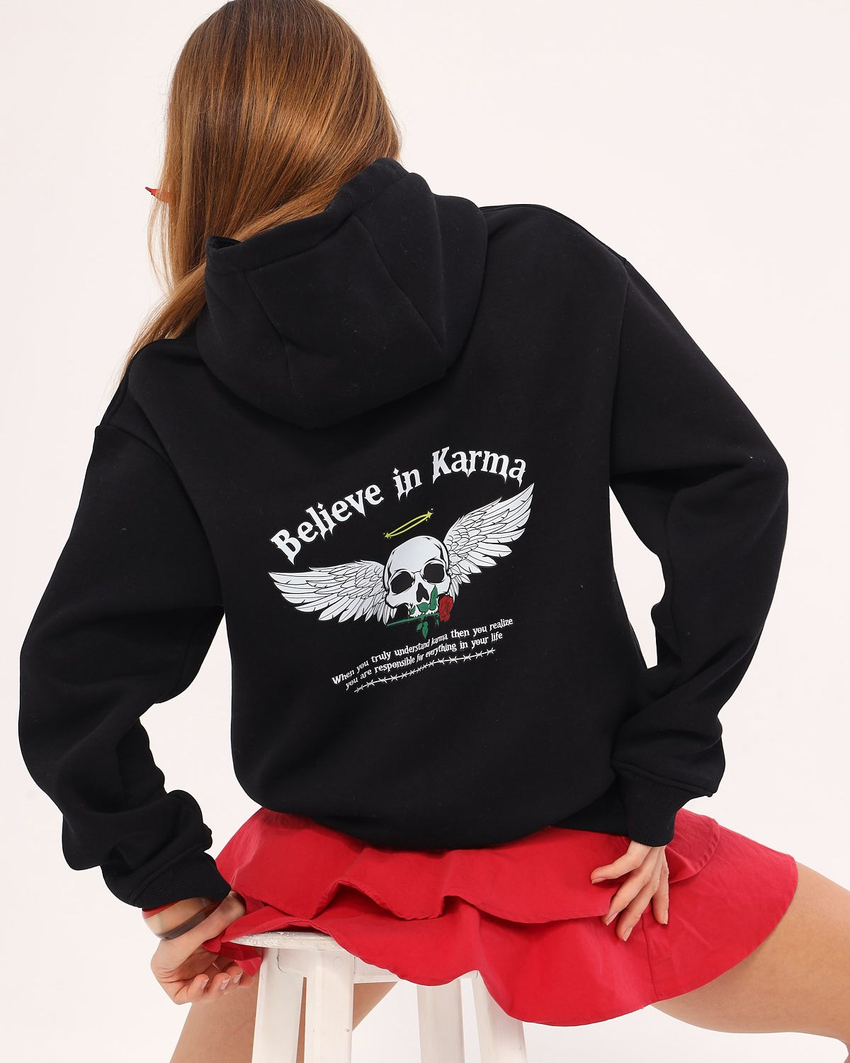 Kapüşonlu İçi Polar Believe İn Karma Baskılı Siyah Unisex Hoodie Sweatshirt
