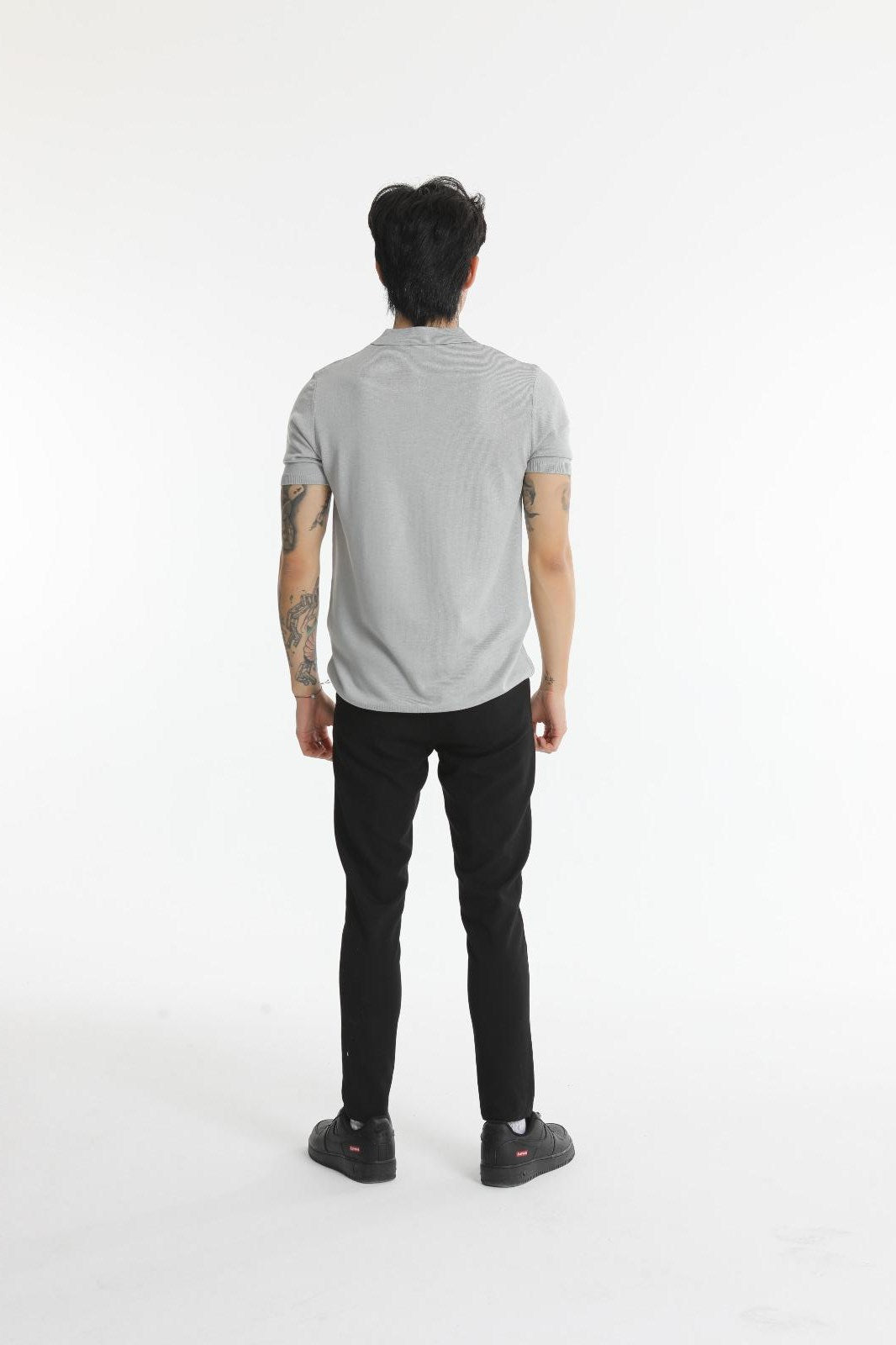 The Champ Polo Yaka Fermuarlı Beyaz Çizgili Triko Örme Gri Erkek T-shirt