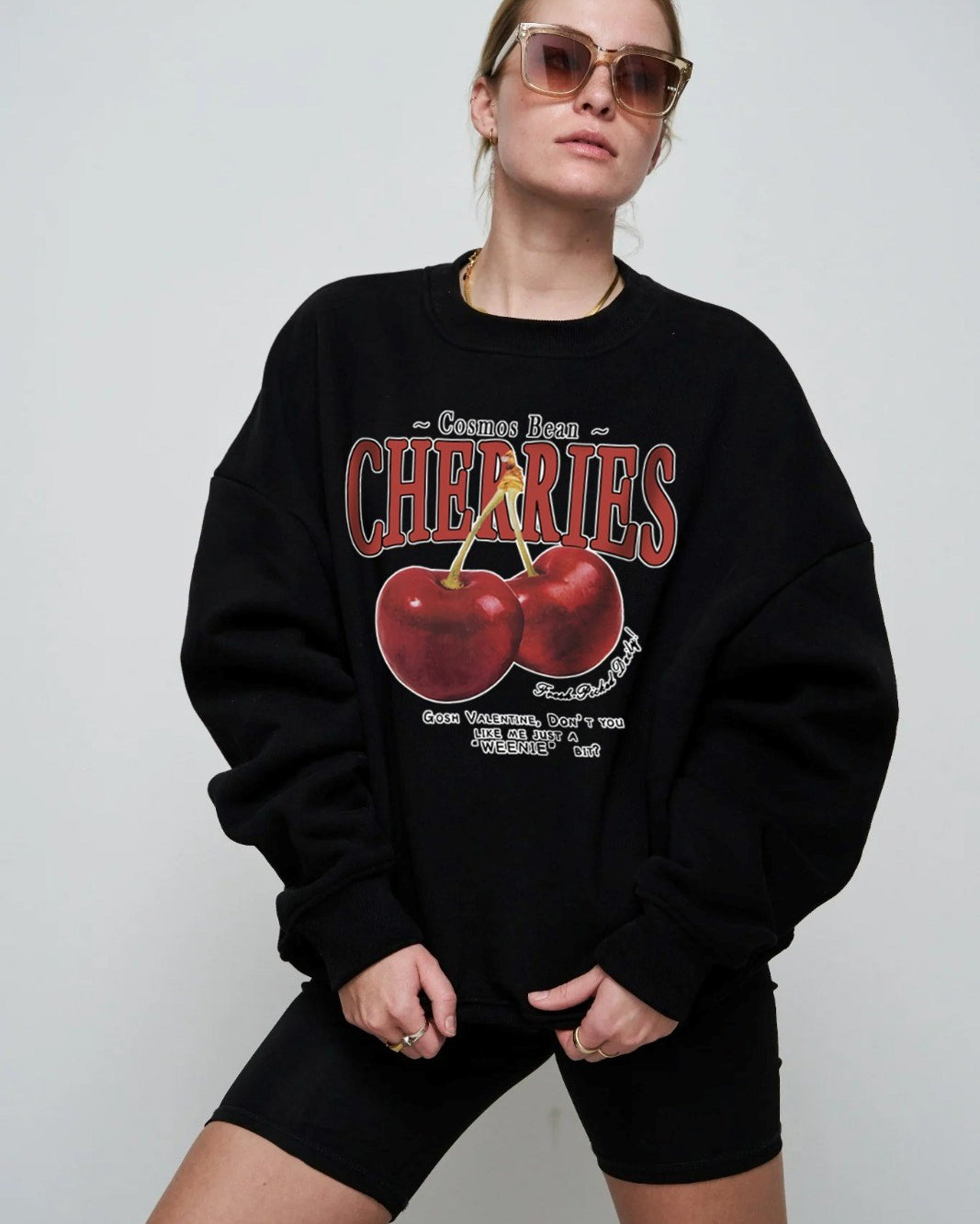 Bisiklet Yaka İçi Polar Cherries Baskılı Siyah Oversize Sweatshirt