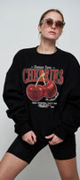Bisiklet Yaka İçi Polar Cherries Baskılı Siyah Oversize Sweatshirt