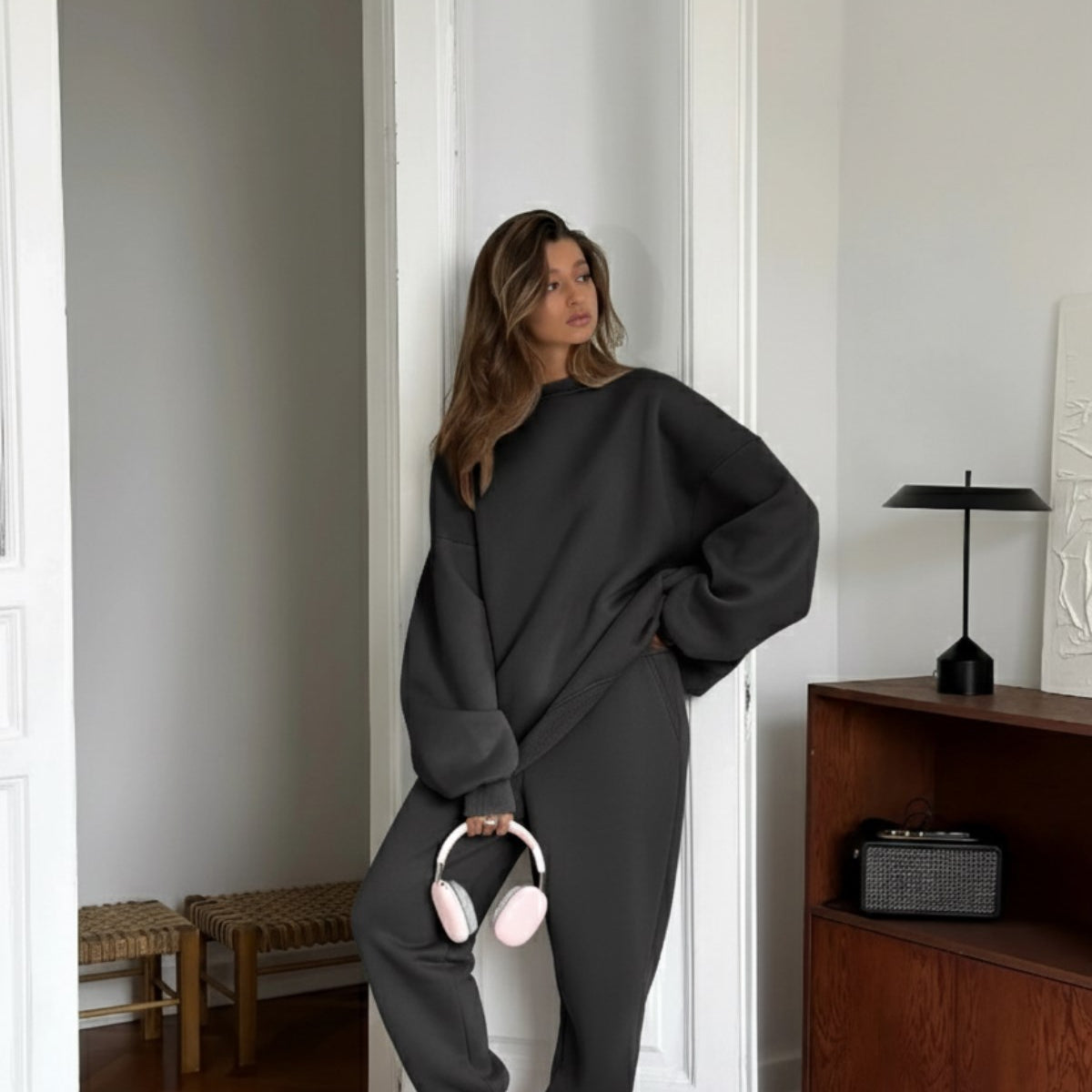 Kadın Oversize Sweat Elbise Eşofman Takımı Basic Füme – Bisiklet Yaka, Lastikli Paça, 3 İplik Polar