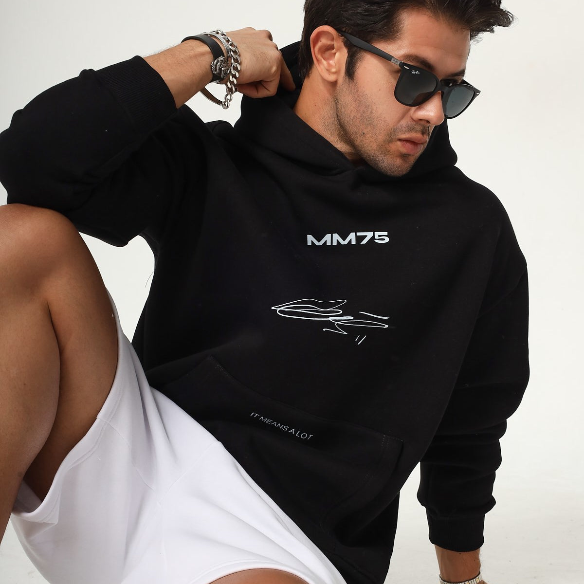 Kapüşonlu İçi Polar MM75 Baskılı Siyah Oversize Hoodie Sweatshirt