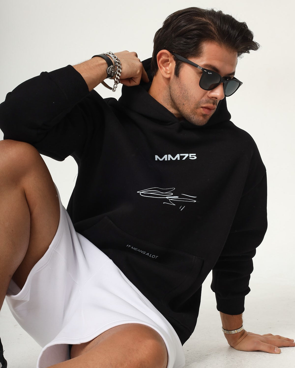 Kapüşonlu İçi Polar MM75 Baskılı Siyah Oversize Hoodie Sweatshirt