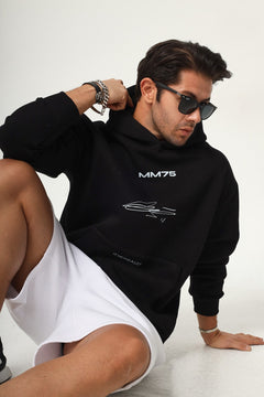 Erkek Oversize Sweatshirt Hoodie MM75 Baskılı Siyah – Kapüşonlu, 3 İplik Şardonlu Polar