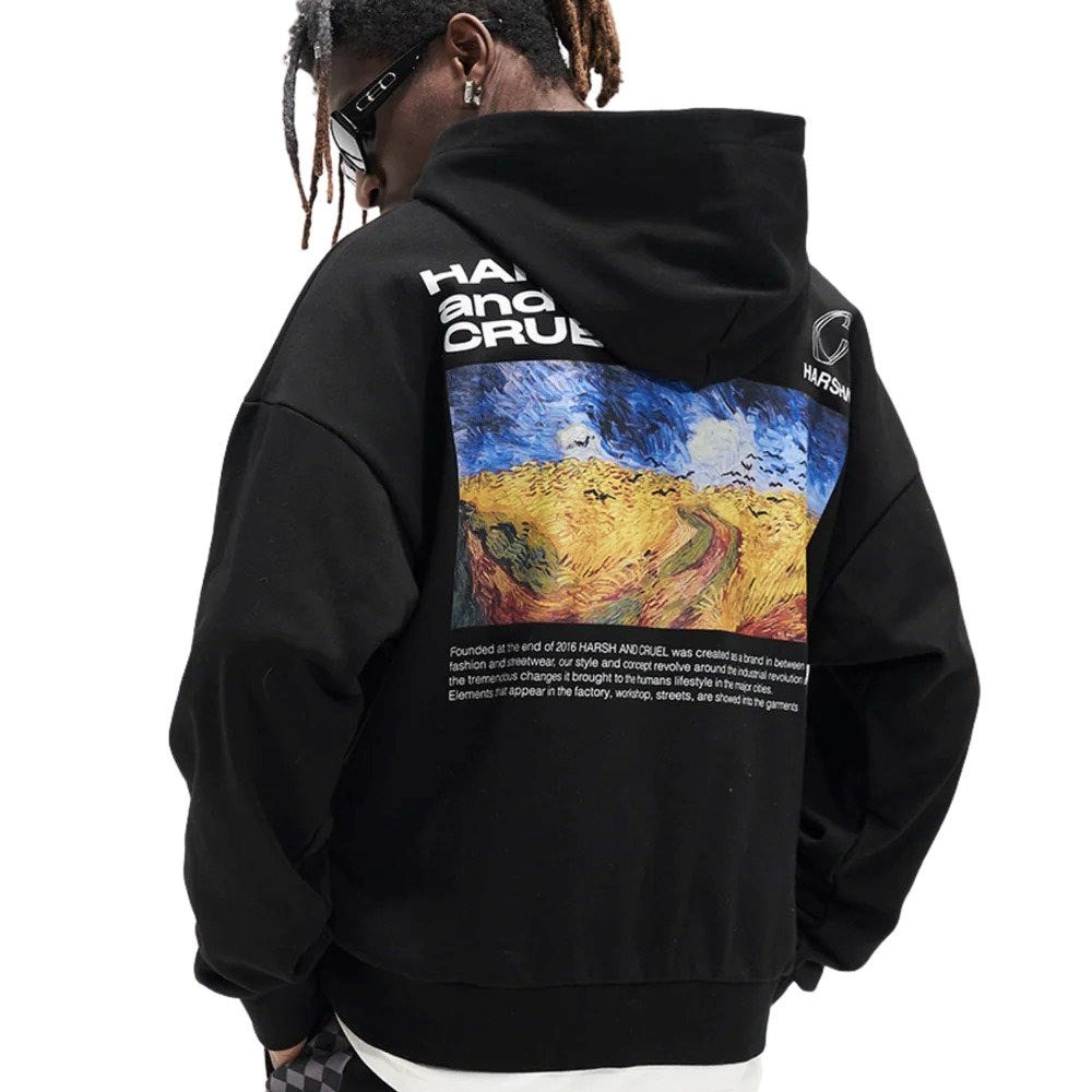 Kapüşonlu İçi Polar Van Gogh Oil Baskılı Siyah Unisex Hoodie Sweatshirt