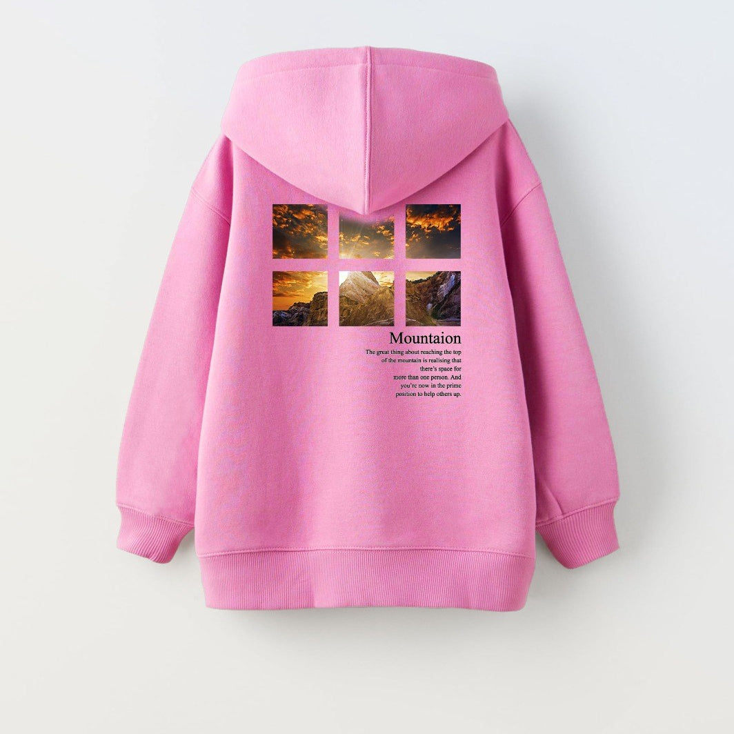 Pembe Kapüşonlu İçi Polar Dağ Baskılı Unisex Çocuk Sweatshirt