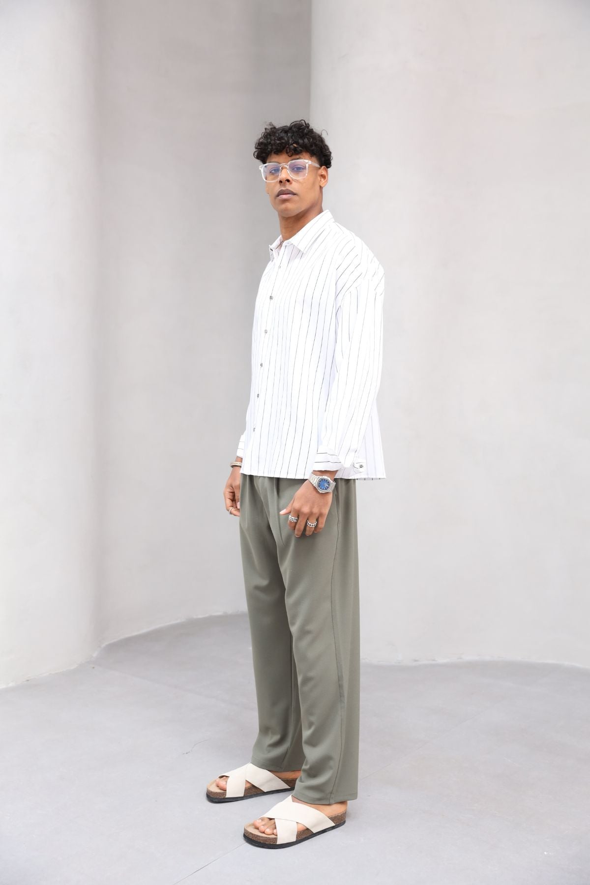 Çizgili Naturel Renk Oversize Erkek Gömlek