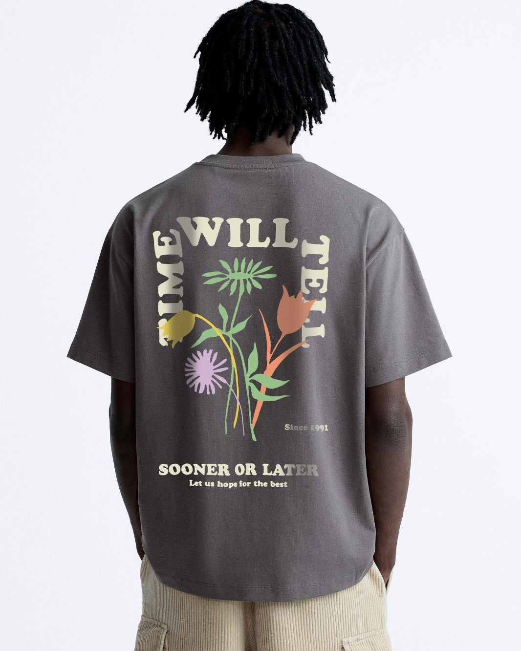 Sooner Or Later Yazılı Lale Tasarım Baskılı Oversize Füme Erkek T-shirt