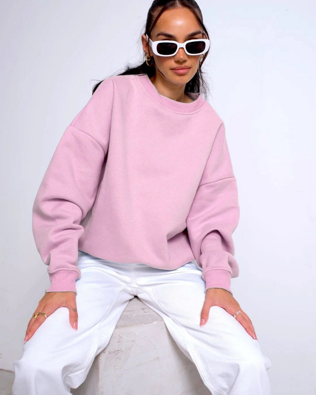Bisiklet Yaka İçi Polar Pembe Unisex Oversize Sweatshirt