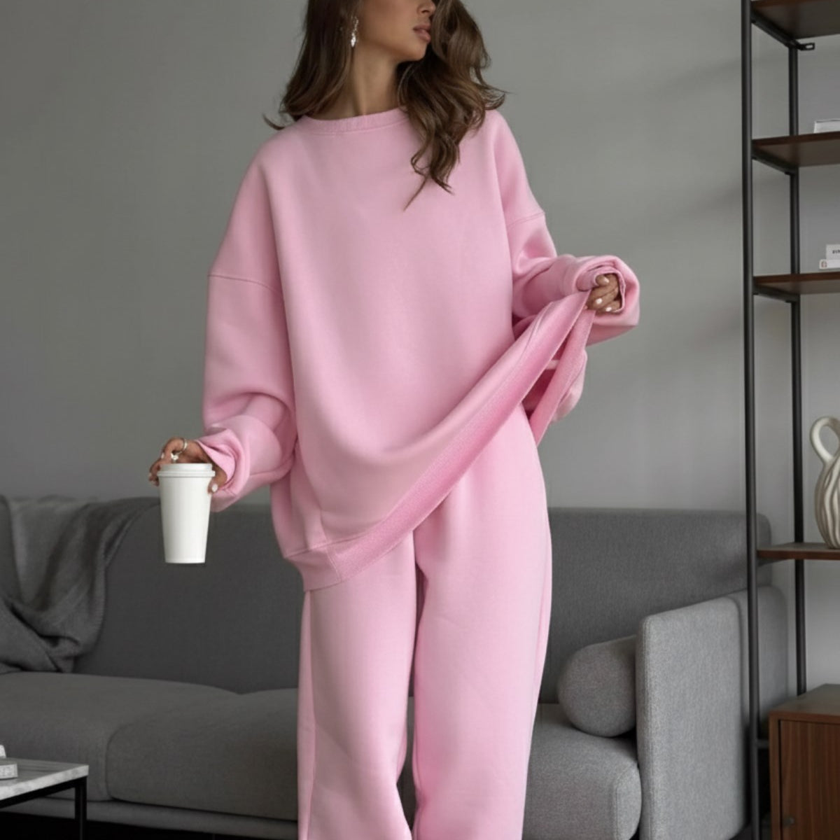 Kadın Oversize Sweat Elbise Eşofman Takımı Basic Pembe – Bisiklet Yaka, Lastikli Paça, 3 İplik Polar
