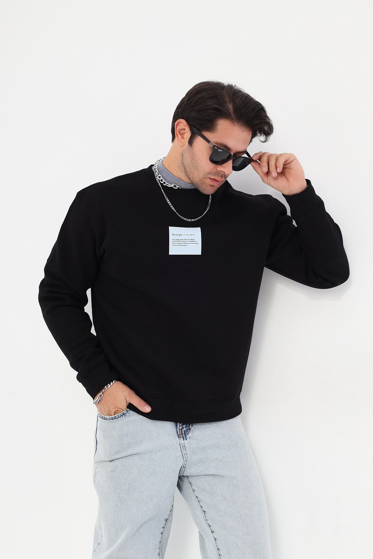 Bisiklet Yaka İçi Polar Syzygy Yazı Baskılı Siyah Oversize Sweatshirt