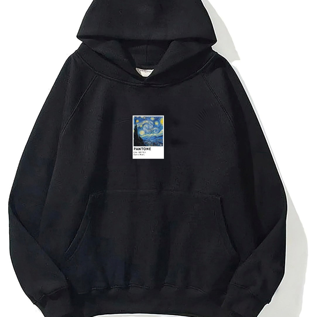 Kapüşonlu İçi Polar Starry Night Baskılı Siyah Unisex Oversize Hoodie Sweatshirt