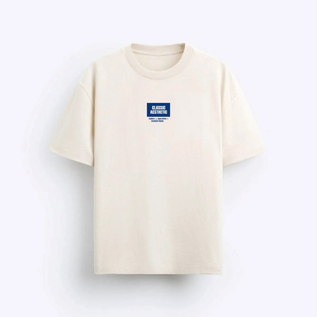 Classıc Aesthetic Yazı Baskılı Bej Oversize Erkek T-shirt