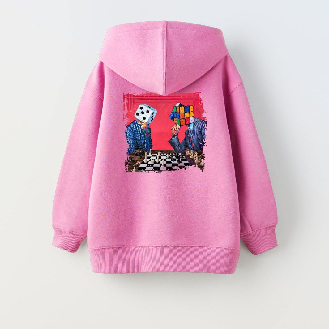 Kapüşonlu İçi Polar Satranç Baskı Pembe Unisex Çocuk Hoodie Sweatshirt
