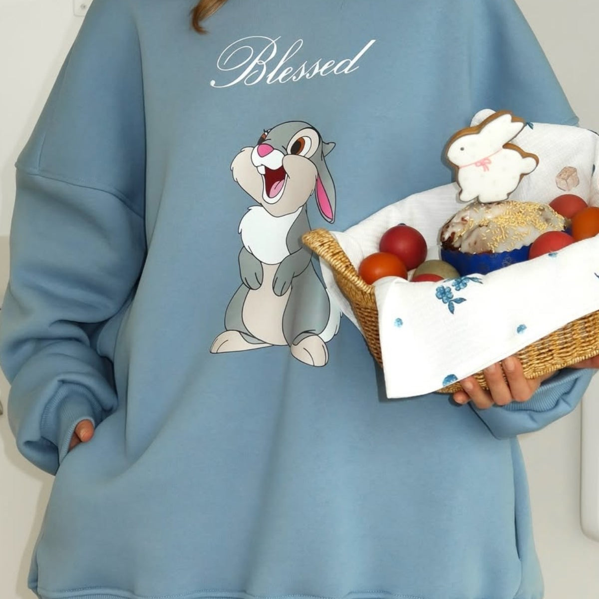 Kadın Oversize Sweat Elbise Blessed Bunny Baskılı Marine – Bisiklet Yaka, 3 İplik Şardonlu Polar