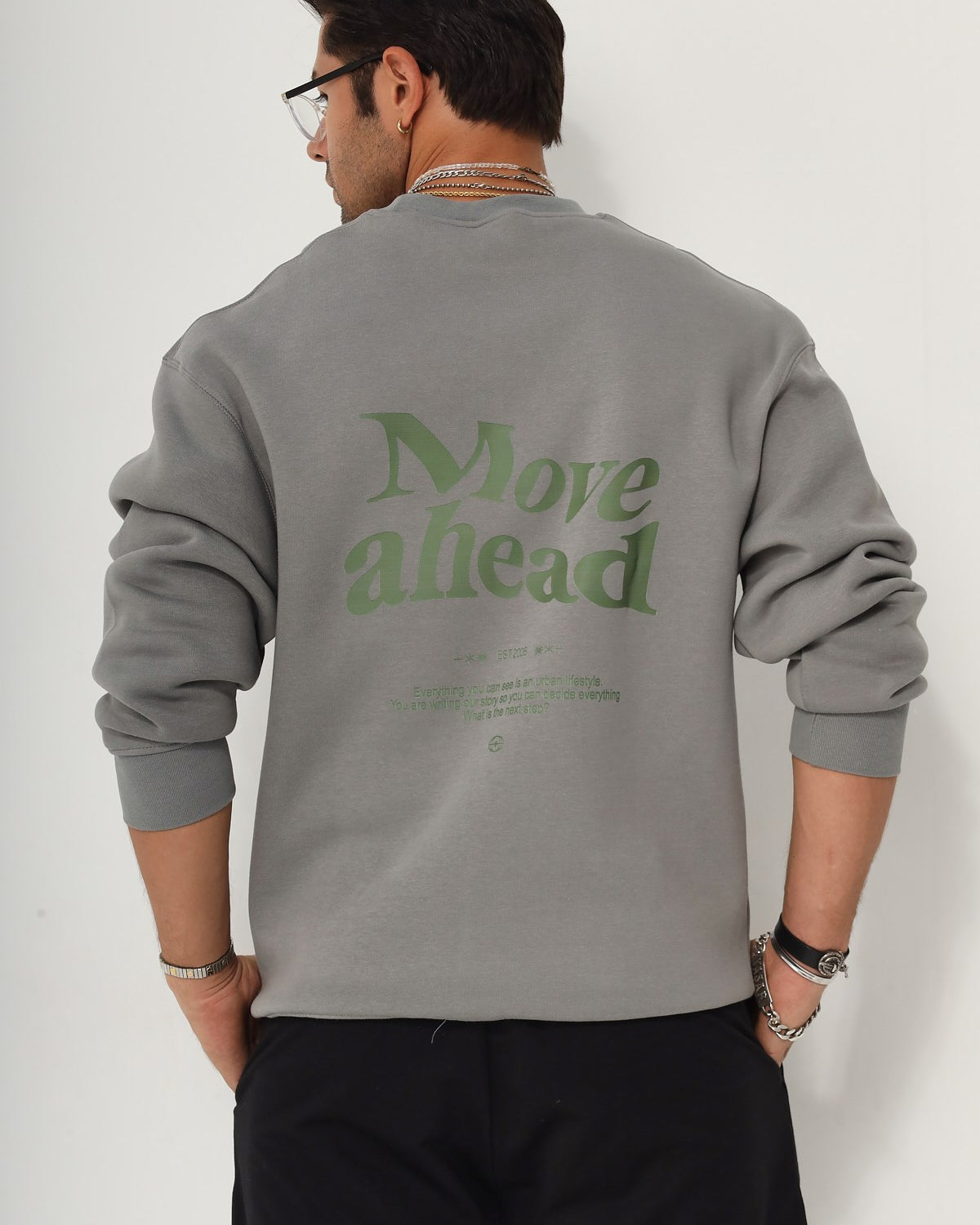 Bisiklet Yaka İçi Polar Move Ahead Yazı Baskılı Füme Oversize Sweatshirt