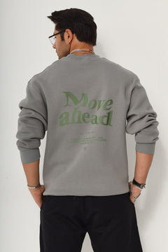 Erkek Bisiklet Yaka İçi Polar Move Ahead Yazı Baskılı Füme Oversize Sweatshirt
