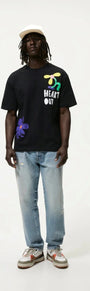 Bisiklet Yaka Heart's Out Baskılı Siyah Oversize Erkek T-shirt